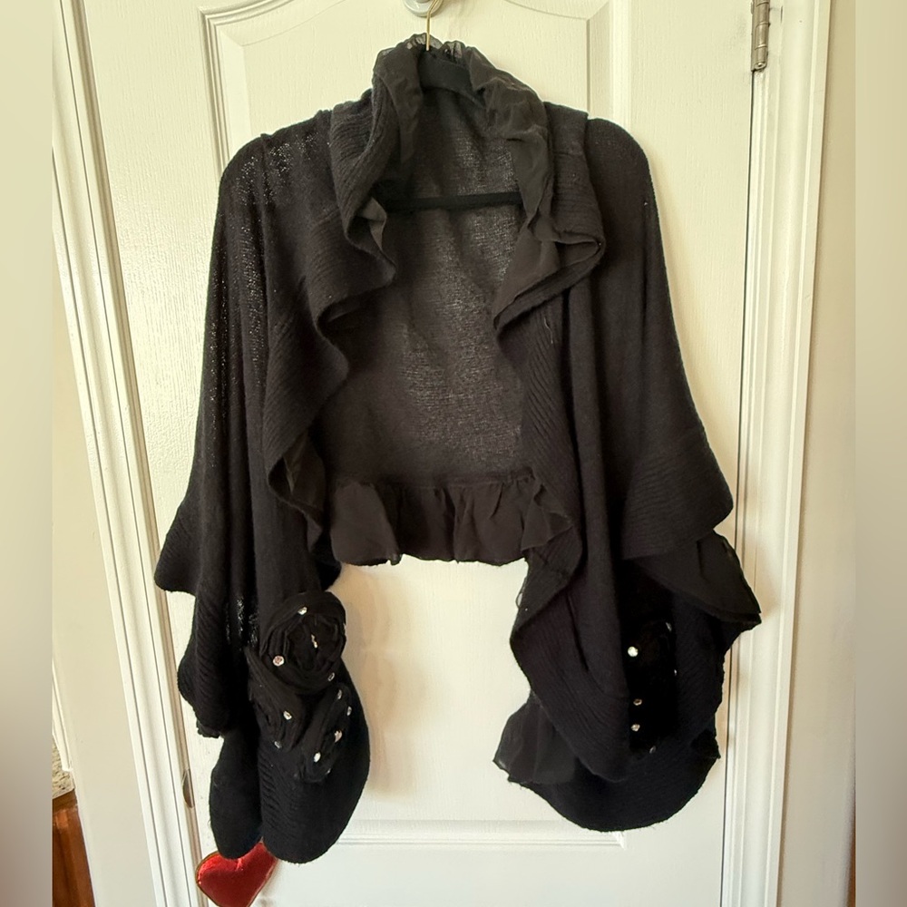 Joan Boyce Black Ruffle Wrap Shawl Floral Embellished Lightweight OS